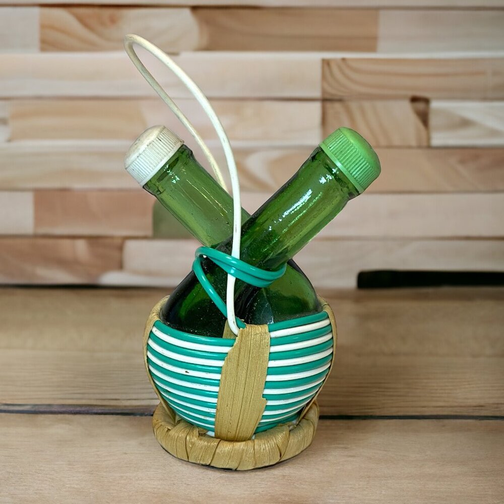 Chianti Bottle Nested Intertwined Salt & Pepper Shakers Green Glass Straw